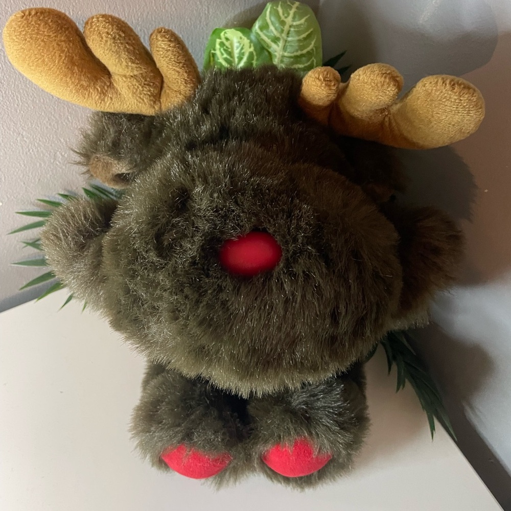 Christmas Plush Moose Stuffed Animal Toy -Brown & Red, with Green Plaid Bow